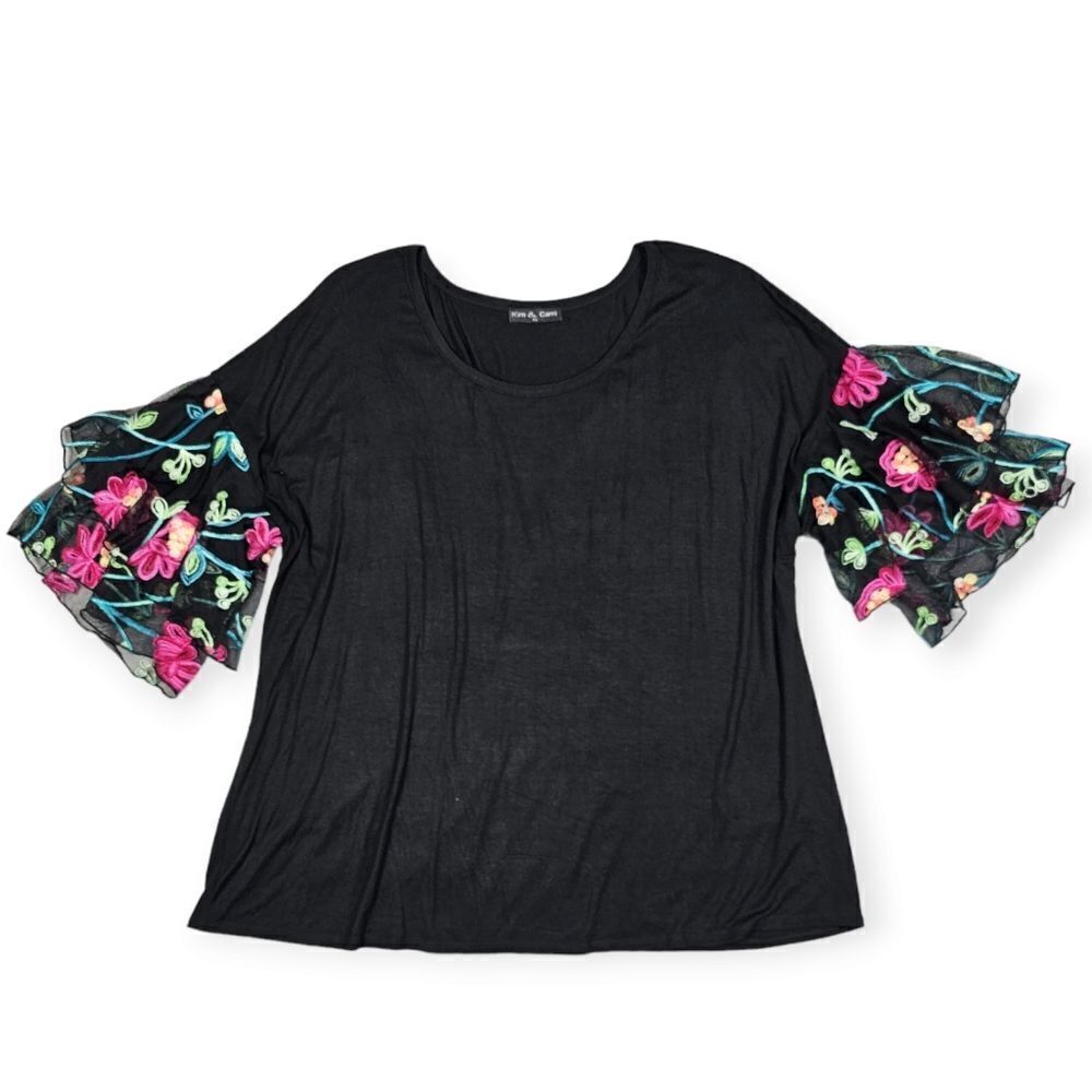 Kim & Cami‎ Black Floral Embroidered Ruffle Sleeve Blouse Women's Size 3X